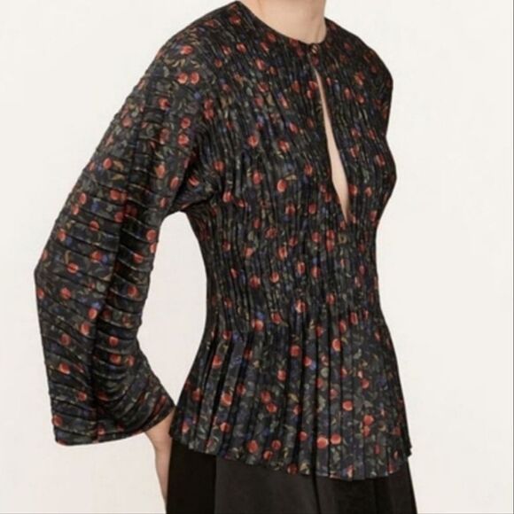 Vince Pomegranate Satin Pleated Blouse Top Silky Keyhole Accordion Regency XL - Picture 15 of 15